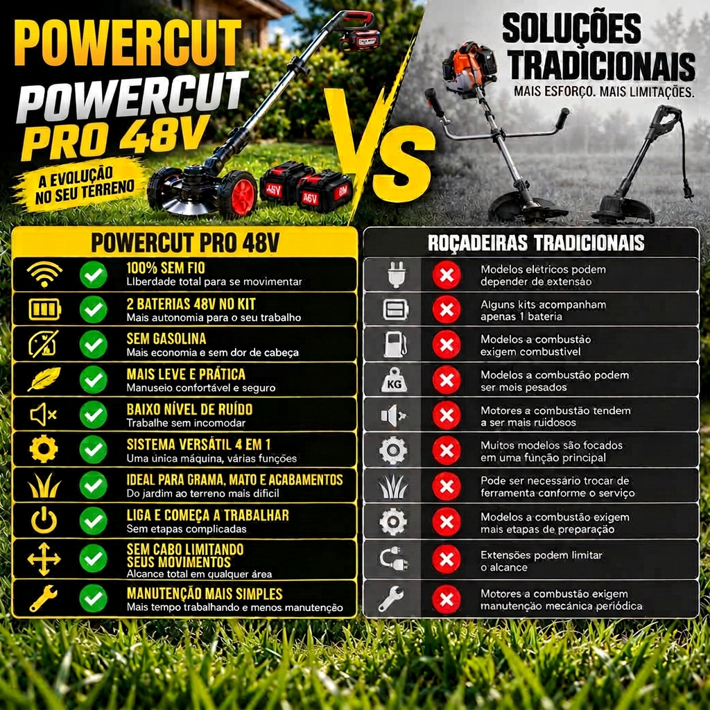 Comparativo PowerCut Pro 48V x roçadeiras tradicionais